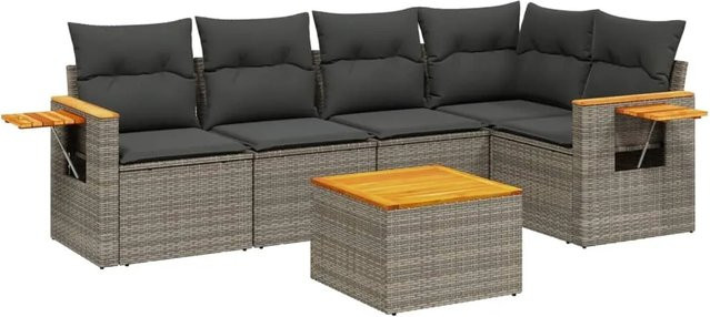 vidaXL 6-teilige Garten-Sofagarnitur in L-Form aus grauem Poly-Rattan mit Kissen und Akazienholz - Bild 1