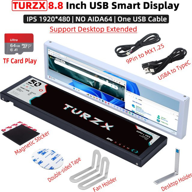 TURZX Smart Display 8,8 Zoll USB-C Sekundärbildschirm mit IPS LCD für PC, 1920x480 Auflösung, Schwarz oder Weiß - Bild 1
