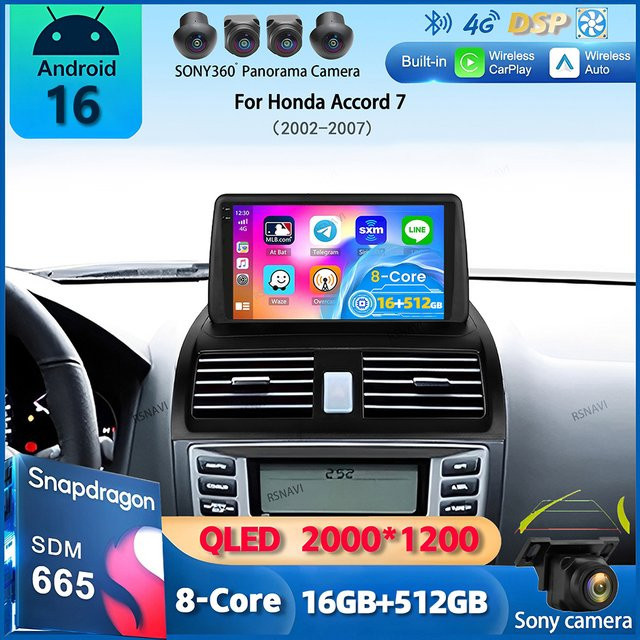 RSNAVI Android 16 Autoradio mit GPS und Multimedia-Funktionen für Honda Accord 7 (2002-2007), Schwarz - Bild 1