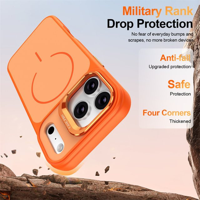 Magnetische MagSafe Kamera Ring Halterung und Ständer mit drehbarem Ring für Apple iPhone 17 Air 16 15 14 13 12 Pro Max, Stoßfeste Rückseite in Schwarz und Orange - Bild 1