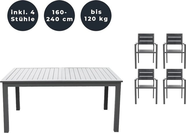 Home Deluxe Garten-Sitzgruppe Casa Madera aus Holz und Aluminium mit ausziehbarem Tisch in Anthrazit und Grau, 4-teilig, B: 160-240 cm, T: 100 cm, H: 74 cm - Bild 2