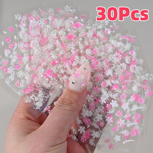HotPress Nagelaufkleber 3D Blumen, rosa/weiß, 30 Stück, schimmernd - Bild 1
