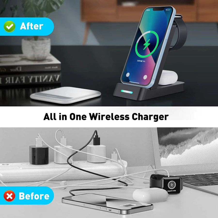 VIKEFON 3-in-1 Kabelloses Ladegerät für iPhone, Samsung Galaxy und Apple Watch als Schnelle Ladestation in Schwarz und Weiß - Bild 5
