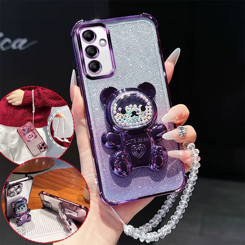 Stoßfeste Samsung Handyhülle in Pink mit niedlichem Bärenständer, Kristallkette und Glitzer für Samsung Galaxy A26 A17 F17 M17 - Bild 2