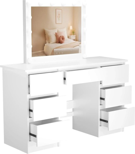 DELUKE Schminktisch BERGEN mit Hollywoodspiegel in Weiß aus Holz, B/T/H: 130 x 45 x 145 cm - Bild 1