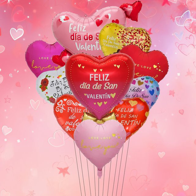 EACH PARTY Set aus 10 bunten Herzform Folienballons mit Spanisch Happy Valentinstag Aufdruck zur Valentinstagsdekoration - Bild 1