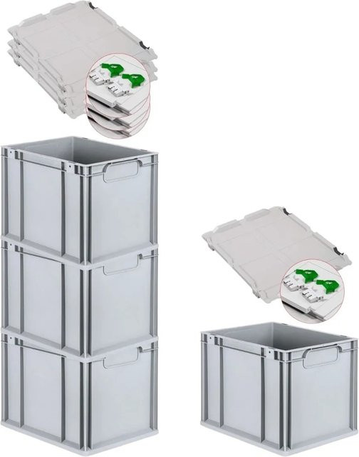 PROREGAL Spar Set 4x Eurobox Nextgen Economy mit Scharnierdeckel und grünen Schiebeschnappverschlüssen, Grau, H: 32 cm, B: 30 cm, T: 40 cm - Bild 1