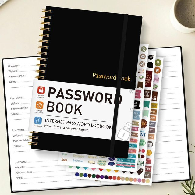 Binchi Outdoor Product Passwortbuch A5 in Schwarz mit Spiralbindung, Gummiband und Aufklebern - Bild 1