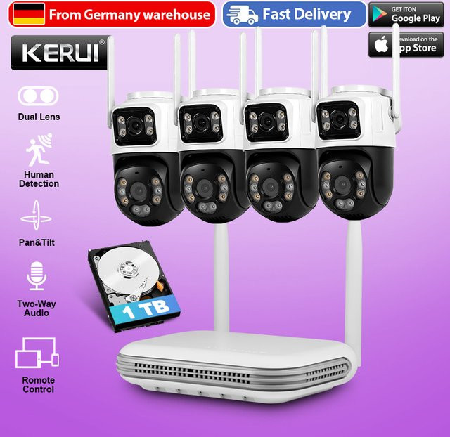 KERUI 8-Kanal Video NVR Kit WLAN IP Heimsicherheits-Überwachungskamerasystem mit 6MP HD Dual-Objektiv PTZ Kameras in Weiß - Bild 1
