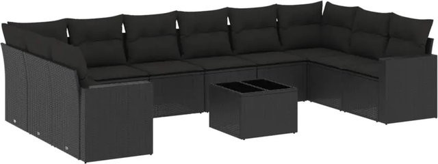 vidaXL 11-tlg. Garten-Sofagarnitur in L-Form aus Polyrattan mit Kissen in Schwarz - Bild 1