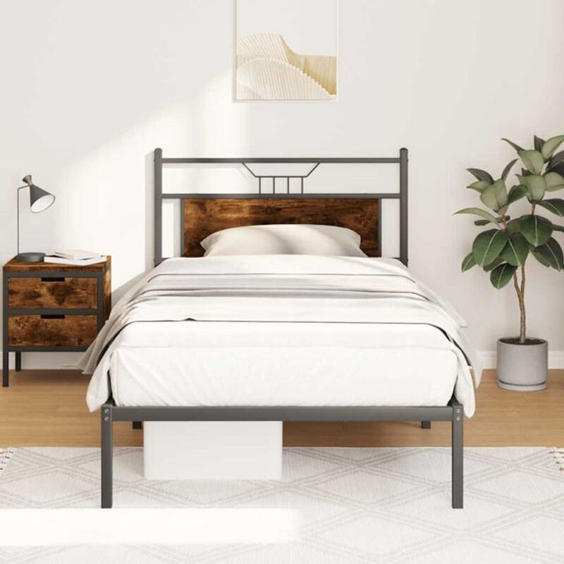 Bettgestell ohne Matratze von vidaxl in Räuchereiche, Metallbett im Industrial Design aus Holzwerkstoff und Stahl, B/H: 107 x 203 cm, Farbe: Braun - Bild 1