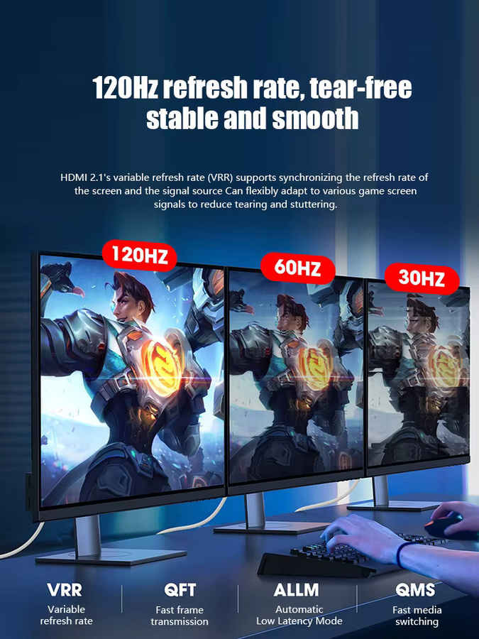 Byscoon HDMI 2.1 Kabel für 8K/60Hz und 4K/120Hz mit 48Gbps, Dynamic HDR10+, eARC und HDCP 2.3, kompatibel mit PS5, Xbox, PC und RTX Grafikkarten, in Silber/Grau/Weiß - Bild 4