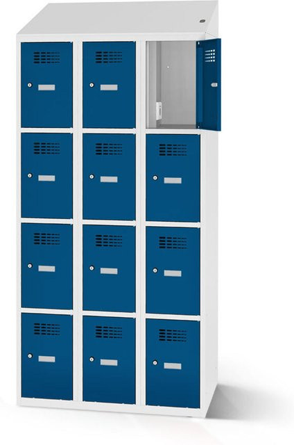 rotstahl Fächerschrank mit Ladefunktion und 12 Fächern (3x4), dunkelblau mit lichtgrauem Korpus, Breite: 90 cm, Höhe: 200 cm - Bild 1