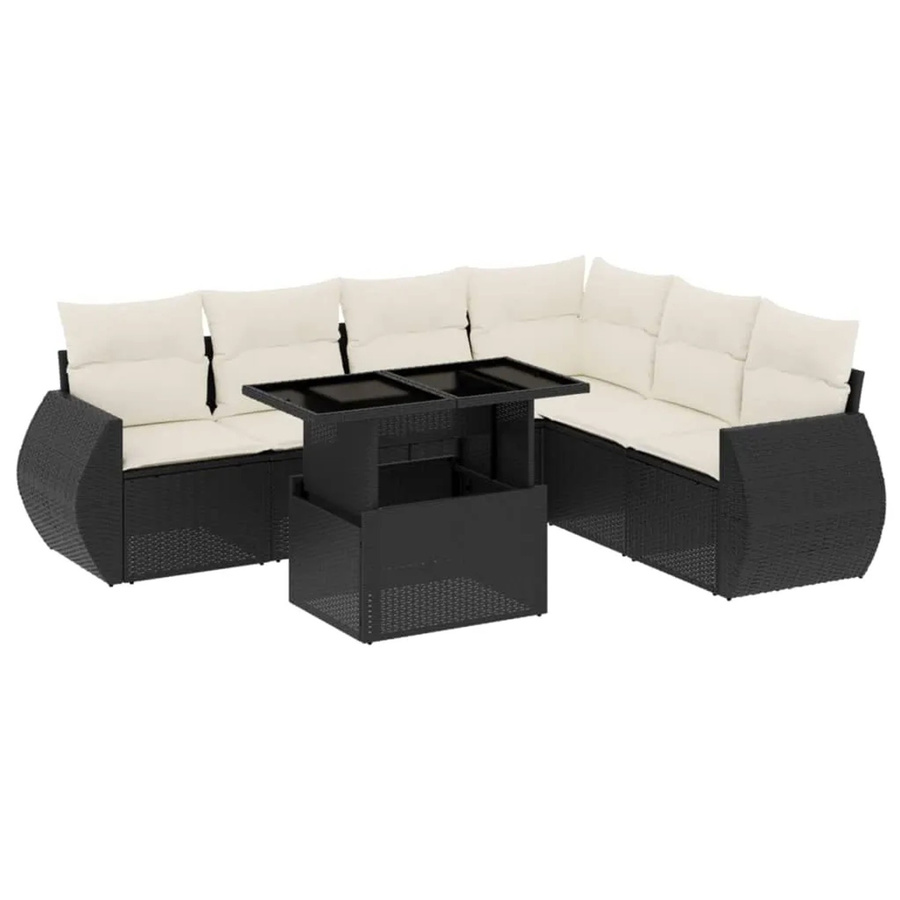 vidaXL 7-teilige Garten-Sofagarnitur in L-Form aus Poly-Rattan in Schwarz mit Kissen und Armlehnen - Bild 2