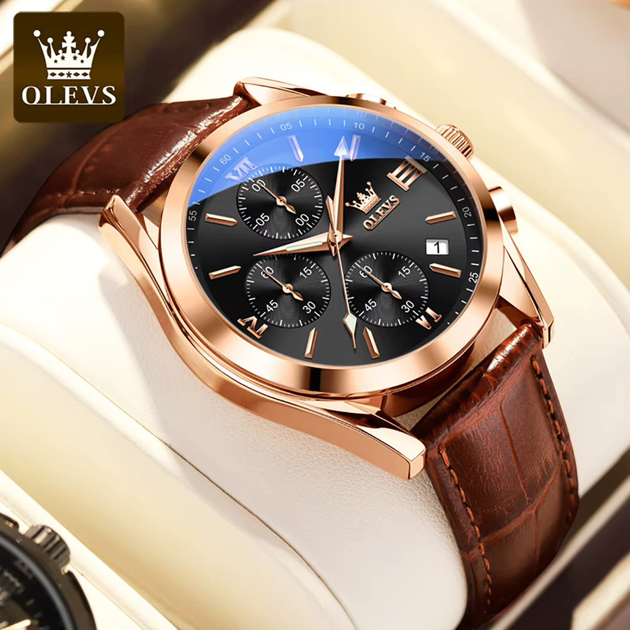 OLEVS Chronograph Armbanduhr, Quarz, Leder, Schwarz, Herren - Bild 4