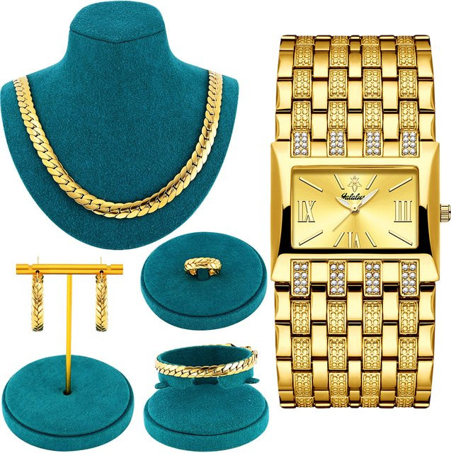 YaLaLuSi Schmuckset, Quarzuhr, Ring, Armband, Halskette, Ohrringe, Edelstahl, Bicolor, Zirkonia, Damen - Bild 1