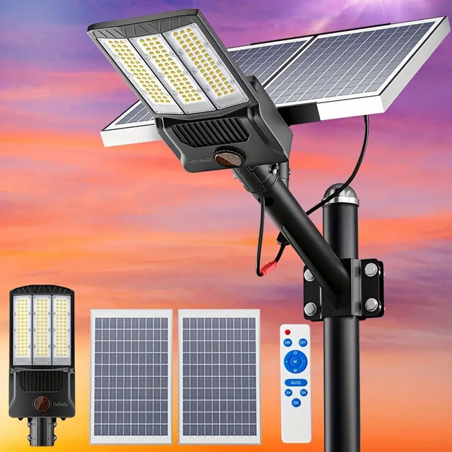 YQCHEZI Solar Flutlicht mit 3 Solarpanels und Bewegungssensor, Schwarz, Outdoor Wandlampe für Garten und Parkplatz, 25000 mAh - Bild 1