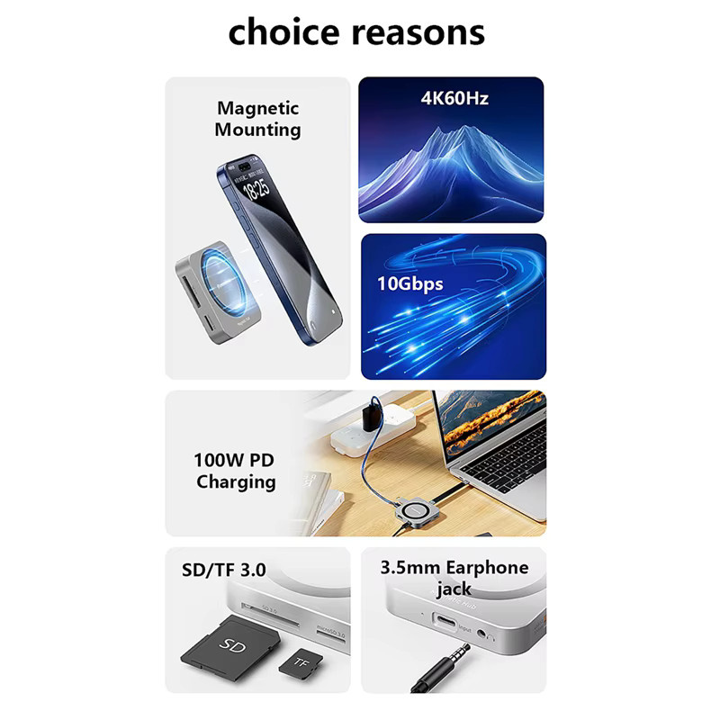 BLUEENDLESS 8 in 1 USB C Hub M.2 NVME SSD Docking Station mit USB 3.1 10 Gbit/s, 100 W PD und 4K 60 Hz, Magnetisches M.2 SSD Gehäuse in Grau - Bild 4
