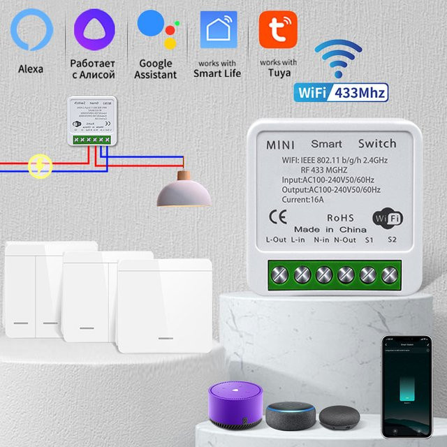 Tuya WiFi Smart Switch für Beleuchtung 20A mit RF 433MHz, weißer drahtloser Schalter für Smart Life App, Sprachsteuerung mit Alexa und Google Home - Bild 1