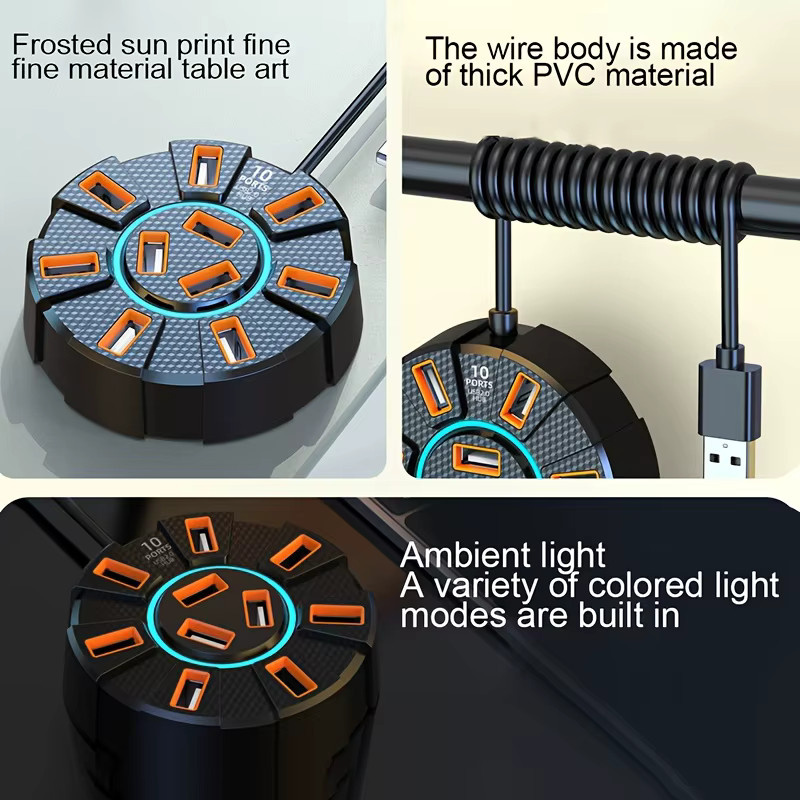 FocusOnPC USB 2.0 Hub mit 7 Ports und LED, Multi-Port Expansion Splitter mit Netzteil für Laptop und Computer, Schwarz - Bild 3