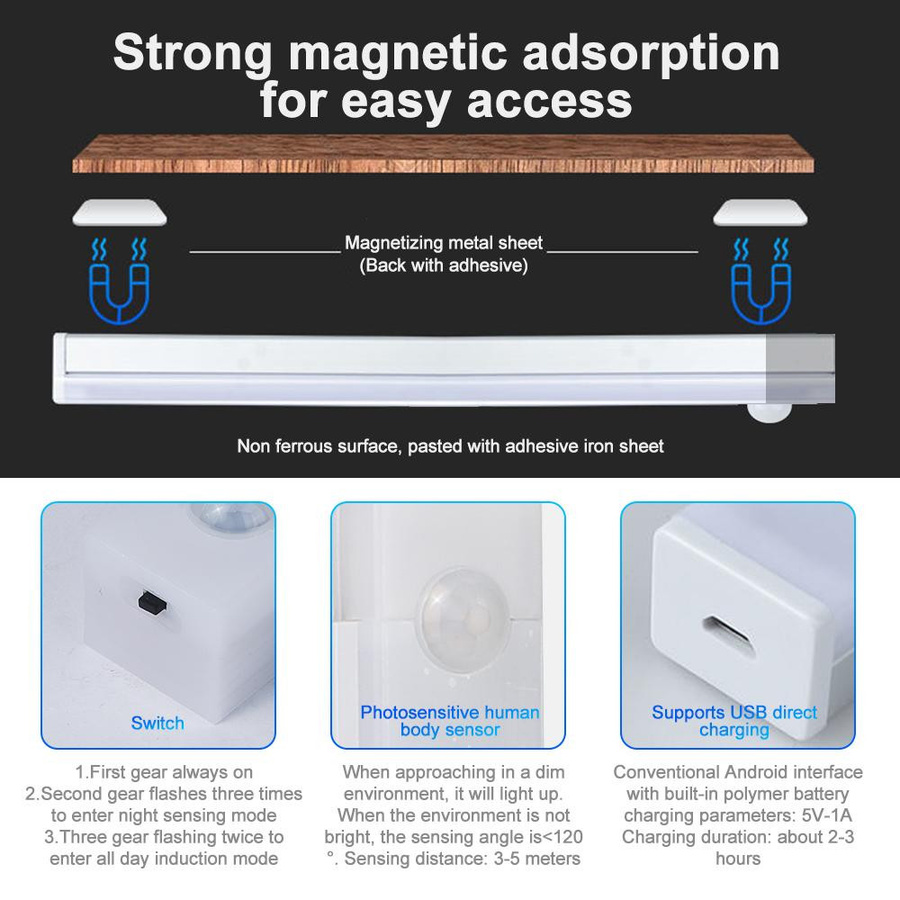 YJMP Super Lighting LED Nachtlicht mit Bewegungssensor, USB aufladbar, weiß, Breite: 50 cm - Bild 7