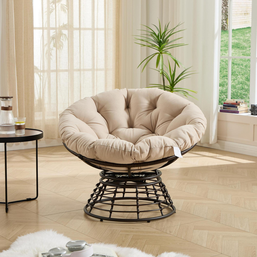 Papasan-Sessel mit 360 Grad Drehbarkeit und dickem Kissen in Beige, B/T/H: 92 x 92 x 67 cm - Bild 2