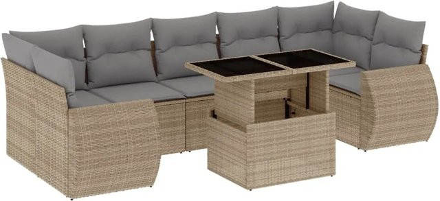 vidaXL 8-teilige Garten-Sofagarnitur in L-Form aus Poly-Rattan mit Kissen in Beige-grau - Bild 1