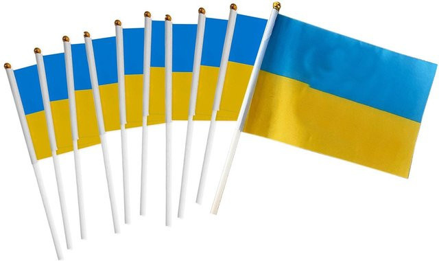 10 Stück Ukraine Flaggen von Jiangnan E als Handflaggen in Blau und Gelb mit Stiel für Dekorationen und Partys - Bild 1