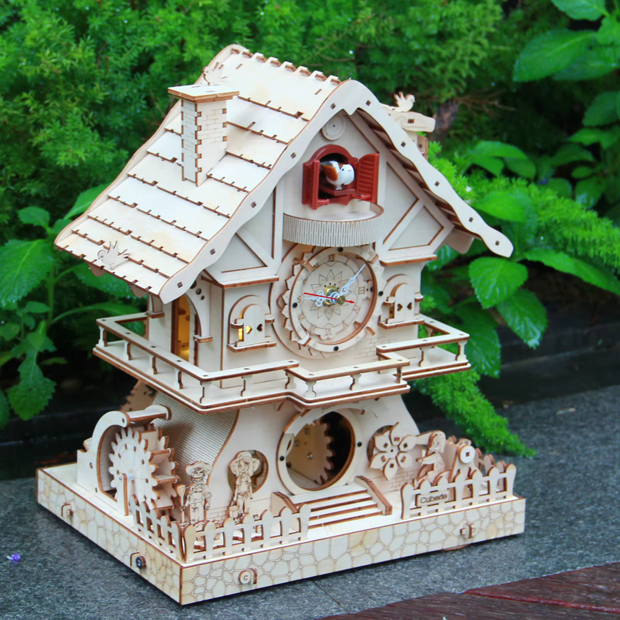 Cuberie 3D-Holzpuzzle Kuckucksuhr mit Spieluhr als DIY-Modellbausatz für Erwachsene in Champagner-Beige - Bild 3