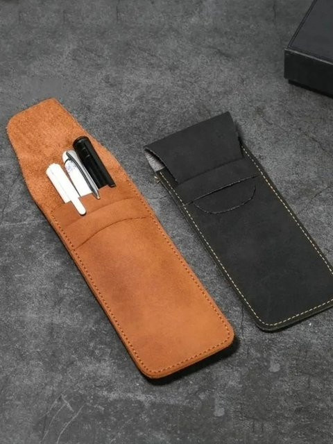 Vintage Stiftetui aus mattem PU-Leder mit Klappverschluss für zwei Stifte in Blau oder Braun - Bild 1