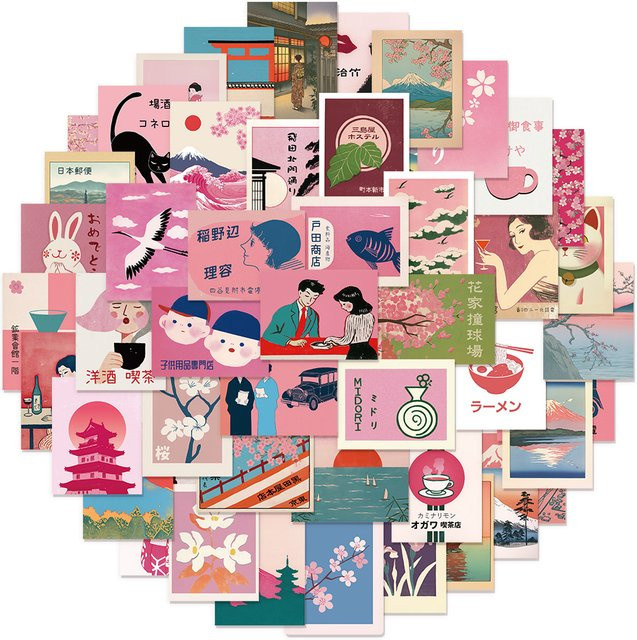 50 Stück PickJoy Rosa Japanische Retro Ästhetische Graffiti Aufkleber Wasserdicht für Notebook und Gepäck - Bild 1