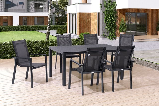 OUTFLEXX Garten-Essgruppe in Anthrazit mit Tisch und 6 Stapelsesseln aus Alu, Spraystone und Textil, B: 160 cm, T: 95 cm, H: 75 cm - Bild 1