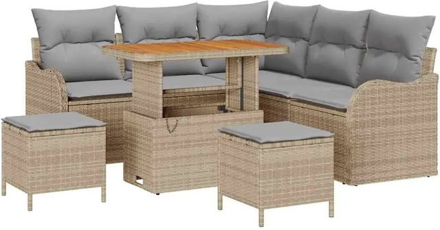 vidaXL Garten-Sofa-Set 8-teilig in Beige aus Poly Rattan und Akazienholz mit Polstern und Tisch in U-Form - Bild 1