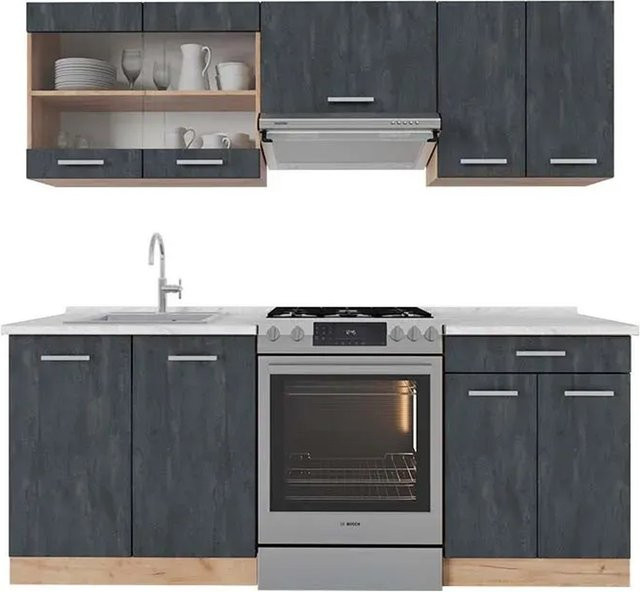 Vicco Küchenzeile R-Line in Schwarz Beton Eiche mit weißer Marmor Arbeitsplatte, Breite: 200 cm, Höhe: 82 cm, Tiefe: 60 cm - Bild 2