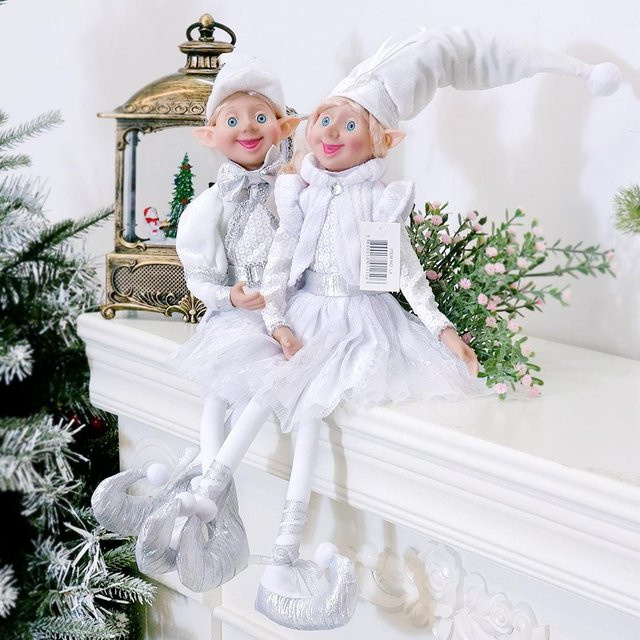 2er-Set ABXMAS Weihnachts-Elfen Plüschfiguren als Weihnachtsbaum-Anhänger und Dekoration in Grau und Weiß - Bild 1