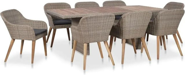 vidaXL 9-teilige Garten-Essgruppe aus PE-Rattan und massivem Akazienholz in Braun und Grau mit Auflagen - Bild 1