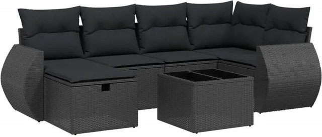 vidaXL 7-teilige Garten-Sofagarnitur in L-Form aus schwarzem Poly-Rattan mit Kissen und pulverbeschichtetem Stahlgestell - Bild 1