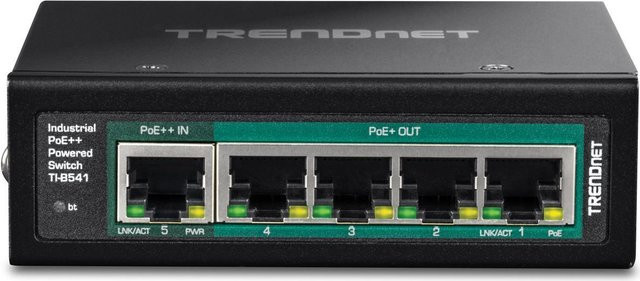 TRENDnet TI-B541 Industrieller Switch mit PoE Pass-Through, 1 x 10/100/1000 PoE++ Eingang und 4 x 10/100/1000 PoE+ Ports, Schwarz, DIN-Schiene oder Wandmontage, 65 W PoE+ - Bild 1