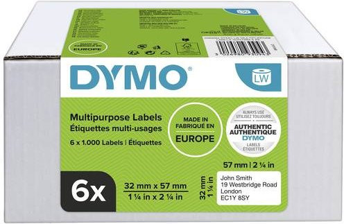 DYMO LabelWriter ORIGINAL Vielzweck Etiketten Weiß Papier 6 Rollen à 1000 Stück B: 5,7 cm, H: 3,2 cm - Bild 1