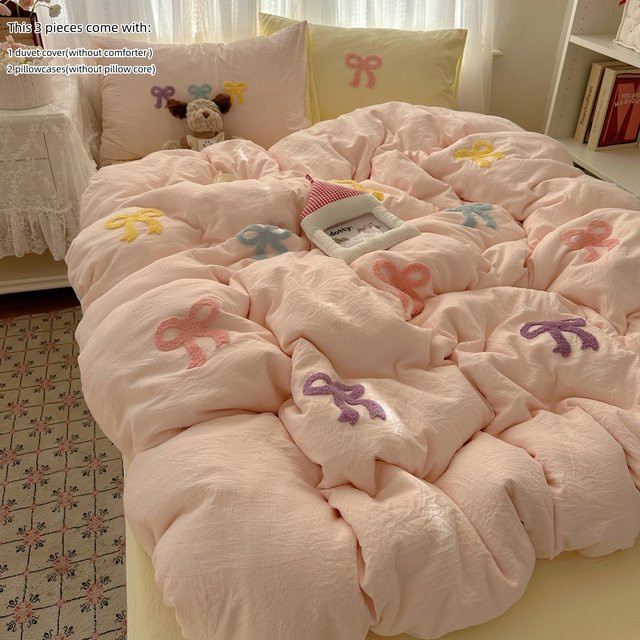 3-teiliges Bettwäsche-Set mit Chut-Bowknot-Stickerei in Pink, Bettbezug und Bettlaken im Shabby-Chic-Design, B/B: 135 x 200 cm - Bild 1