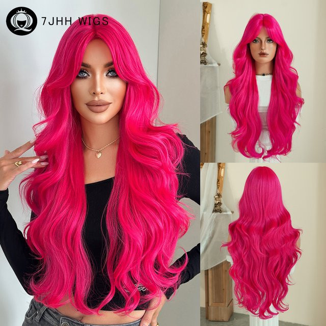 7JHH WIGS Perücke für Damen, lang gewellt, rosa, mit Mittelscheitel und Vorhang-Pony - Bild 1
