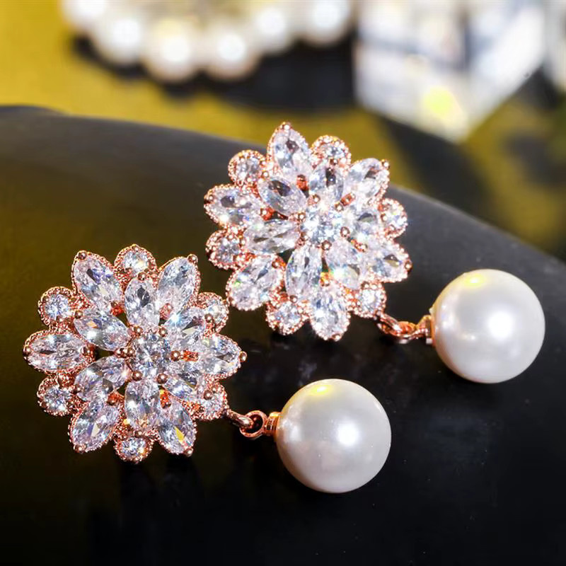 Huitan Ohrringe, Perle, Zirkonia, Blumenform, Damen - Bild 2
