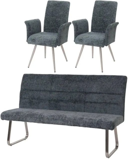 MCW Esszimmer-Set G55 3-teilig mit 2 Stühlen mit Armlehnen und einer Sitzbank, Stoff Chenille, Blau-Grün, Breite: 180 cm - Bild 1