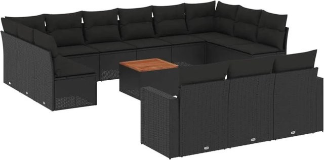 vidaXL 14-tlg. Garten-Sofagarnitur in L-Form aus Poly-Rattan und Akazienholz mit Kissen, Schwarz - Bild 1