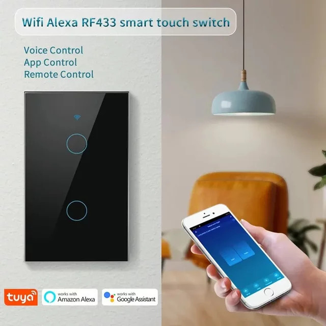 Tuya WiFi Smart Wandtaster aus Glas in Schwarz, moderner rechteckiger Lichtschalter mit RF433, kompatibel mit Amazon Alexa und Google Assistant, erhältlich als 1/2/3-fach mit oder ohne Neutralleiter - Bild 1