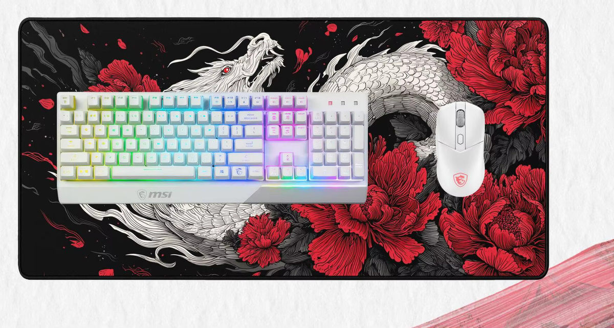 MOUPING Gaming-Mauspad Weiß mit rotem Drachen und Pfingstrosen, große Schreibtischunterlage für Laptop und Büro - Bild 2