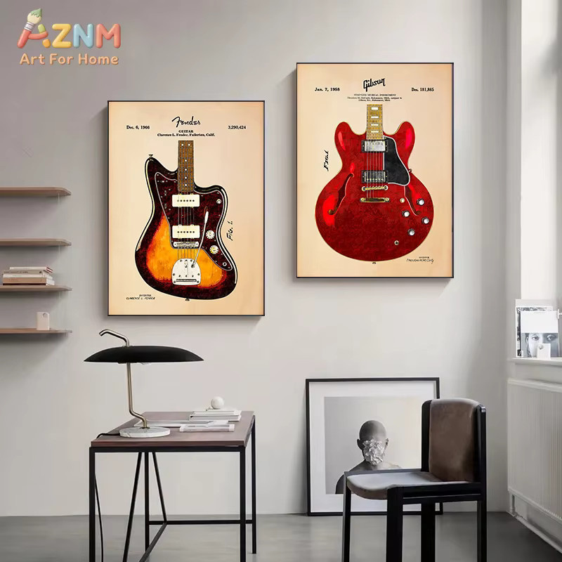 AZNM Vintage Fender Gibson E-Gitarren Patent Rahmenlose Leinwand-Wandkunst Multicolour Musik-Druck für dein Studio - Bild 2