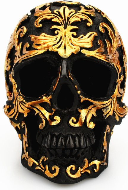 MINIDEAL Schädel Skulptur aus Harz in Schwarz und Gold als Halloween Dekoration - Bild 1