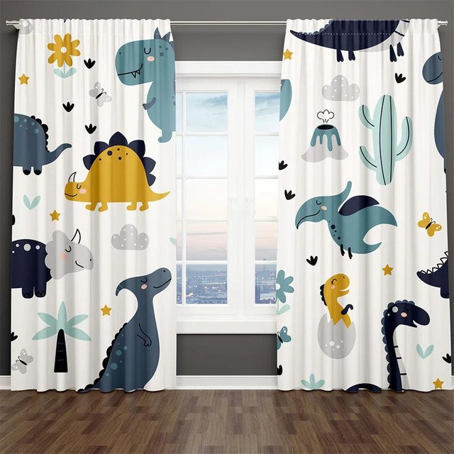 A Family Of Home Textiles Vorhänge mit Cartoon Dinosaurier Motiv für Kinder, 2er-Set, halbtransparent, Mehrfarbig, B: 70 cm, H: 245 cm - Bild 1