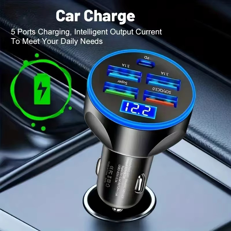 5-Port Auto-Telefonladegerät mit PD 35W und QC 3.0 Schnellladung, USB-C Adapter mit Digitalanzeige, Schwarz - Bild 2